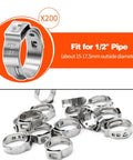 200 Pack One Half Inch PEX Cinch Clamps, Stainless Steel Single Ear Hose Clamps For PEX Pipe, 360 Degree Seal