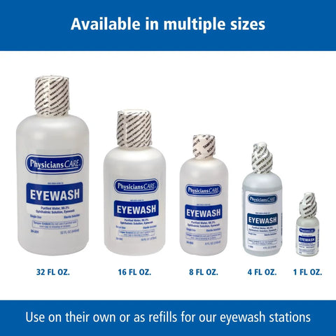 PhysiciansCare Eye Wash bottles in multiple sizes with blue labels and sealed caps (32, 16, 8, 4, 1 oz).