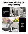 5 In 1 Milk Frother And Steamer With Adjustable Temperature 17 Oz Detachable Frother showing dishwasher-safe jug cleaning