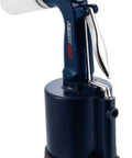 Kick Ass Pneumatic Pop Rivet Gun With Hydraulic Might Sets Steel Rivets Up To 3/16 Inch For Construction Jobs And Fabrication Tasks Delivers A Solid 2000 Pounds Of Pulling Force, close-up angle showing trigger and body.