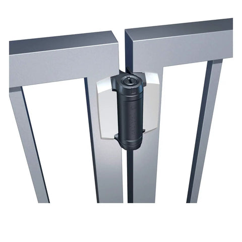 Heavy Duty Self Closing Pool And Child Safety Gate Hinges With Alignment Legs For Metal Gates, chrome hinge mounted on a metal gate.