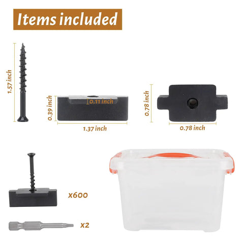 Top Shelf Hidden Deck Fasteners Six Hundred Piece Kit For Grooved Boards Premium Nylon T Clips included items showing clips and storage box.