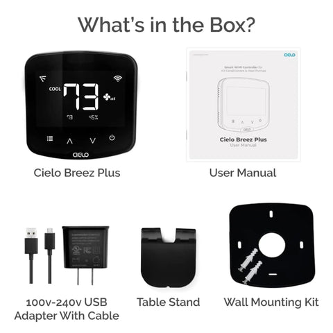 Contents of Boss Level Smart Air Conditioner Controller With WiFi Thermostat: device, user manual, USB adapter, table stand, wall mount.