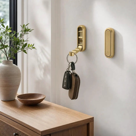 Sleek Black Folding Wall Hooks Four Pack With Swivel Hinge Design Perfect For Tight Spaces And Narrow Hallways No Hassle Kickback Mount holding keys.