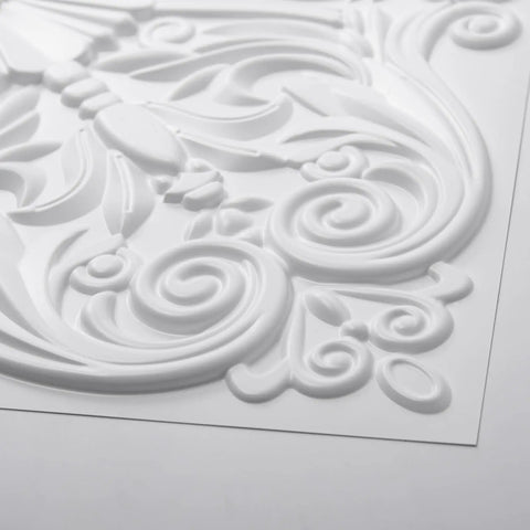 Close-up of Dope Drop Ceiling Upgrade Kit With Decorative 2x2 Tile Set, Spanish Floral Matte White, 24x24 in, PVC tile corner detail