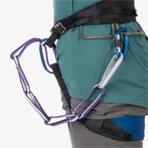 Slick Personal Anchor System For Gnarly Ascents Featuring Legit 11 mm Monster Webbing tight control connected to a harness.