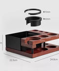 Top Shelf Solid Walnut Espresso Knockbox Station With Five Dedicated Slots For 51 54 And 58 Millimeter Portafilters, detailed dimensions.