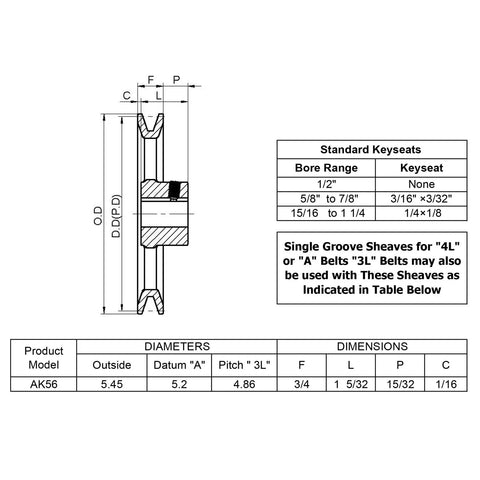 Rock Solid Cast Iron 1 Groove V Belt Sheave With 1 Inch Bore 5.45 OD Motor Pulley technical diagram showing dimensions and specifications.