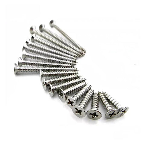 Stainless Steel Phillips Washer Self Tapping Screws Set Pro Grade With Flat Head Hex Head And Eye Hook Variants arranged in a curve.