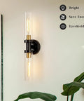 Industrial Modern Bathroom Wall Sconces With Clear Glass Tubes, 2 Light Vanity Lighting For Mirror, Hallway Or Living Room, Black Brushed Brass Finish, E26 Bulbs Not Included mounted vertically near plants