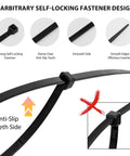 Self Locking Nylon Cable Ties 1000 Pack With Assorted 4 Inch 6 Inch 8 Inch 10 Inch 12 Inch Sizes, anti-slip teeth design, black.