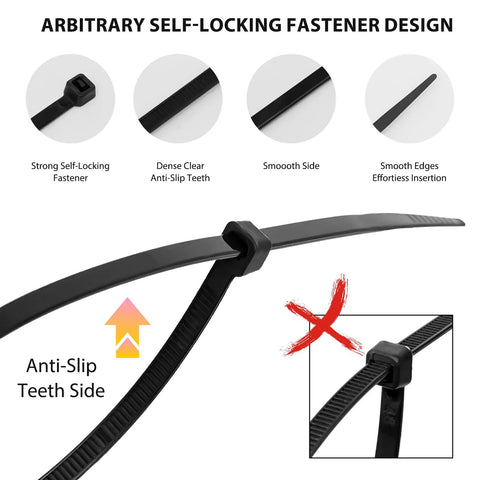 Self Locking Nylon Cable Ties 1000 Pack With Assorted 4 Inch 6 Inch 8 Inch 10 Inch 12 Inch Sizes, anti-slip teeth design, black.