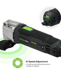 Powerful 2.4 Amp Oscillating Multi Tool Kit with Six Variable Speeds and Quick Lock Accessory Change, shown with speed dial close-up.