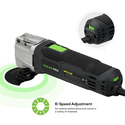 Powerful 2.4 Amp Oscillating Multi Tool Kit with Six Variable Speeds and Quick Lock Accessory Change, shown with speed dial close-up.