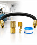 Versatile Flexible Air Compressor Whip Hose Kit Built with Heavy Duty Rubber Material, 3/8 inch ID, includes brass fittings and tape.