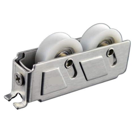 Heavy Duty Stainless Steel Double Wheel Cupboard Door Rollers For Smooth Glide Sliding Cabinet Tracks And No Sweat Furniture Hardware Swaps In Two Piece Lot, close-up view.