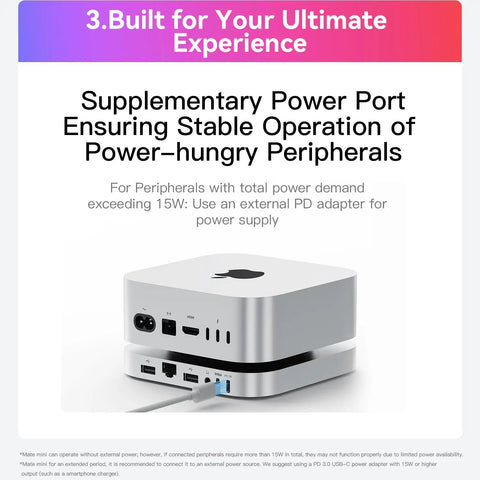 Kickin 2TB NVMe Dock For Mac Mini M4 With Hella Fast 80Gbps USB C Hub showcasing supplementary power port for peripherals.