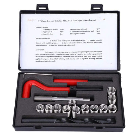 M12x1.5 Thread Insert Kit Stainless Steel 17 Piece Set With Drill Bit Tap Wrench Hex Wrench And 12 Inserts in open case