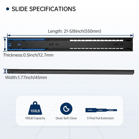 Specifications of Heavy Duty Black Drawer Slides Providing Rock Solid Stability With Whisper Quiet Soft Close Runners 22 Inch.