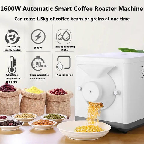 Top Shelf Automatic Electric Coffee Bean Roaster Machine With Hella Fast Rolling Stir Fry For Home Nuts And Peanuts Featuring Solid 90 Min Timer And Precise 100 To 250 Degree Heat Control For 1.5 Kilogram Capacity with a non-stick pot and adjustable timer.