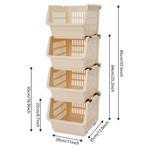 4 Pack Stacking Storage Baskets Featuring Open Front Design Effortless Grab and Go Beige Home Organization Essentials No Cap Your Pantry Will Thank You For This Clean Sweep Setup 11X13.8X8.7 stacked vertically with dimensions shown.