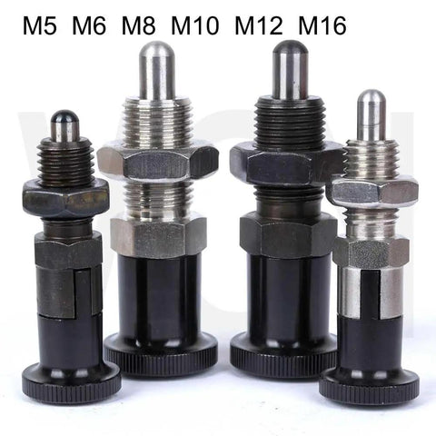Dead Nuts Heavy Duty Indexing Plungers with Smooth Aluminum Knobs in M5, M8, M10, and M16 sizes for precision jig setups.