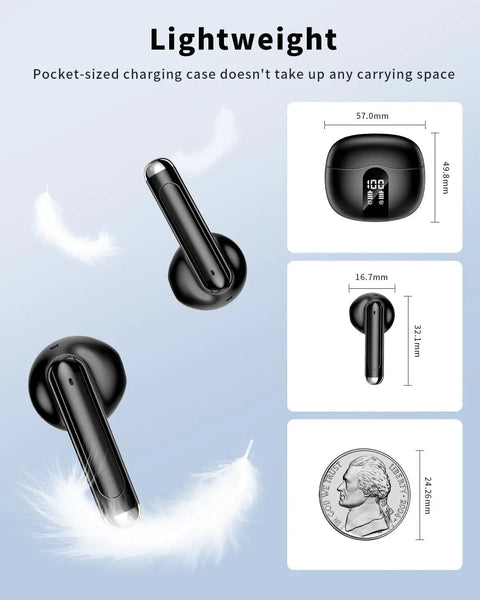 Wireless Earbuds With LED Power Display And Bluetooth 5 Point 4 Headphones with size comparisons and charging case display