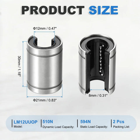 LM12UUOP Open Type Linear Ball Bearings 12mm Bore 21mm OD 2 Pack side view showing dimensions and design for CNC machines.