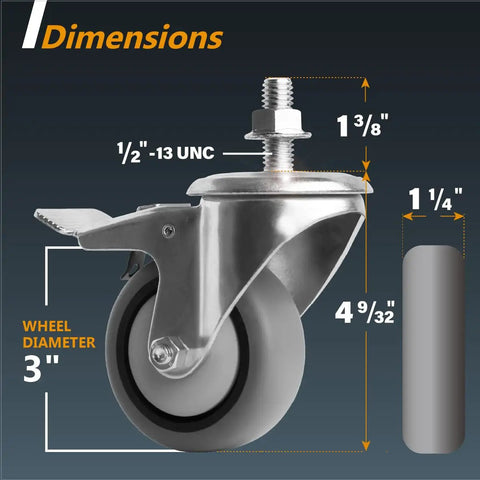 Heavy Duty 3 Inch Threaded Stem Caster Wheels Set of 4 with Brakes 600 Lbs Load showing detailed dimensions including wheel diameter and stem size.