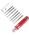 Badass Tungsten Steel Model Scriber With Seven Replacement Blades For Crisp Line Engraving And Killer Scratch Tools On All Scale Model Kits, showing red aluminum handle and blades.
