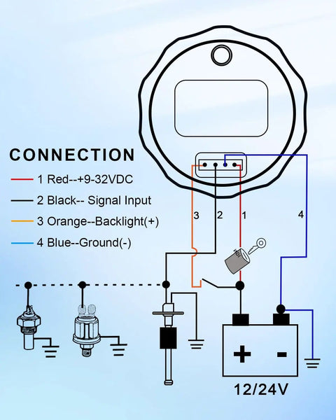 Diagram showing electrical connections for Top Shelf Marine Fuel Level Sending Unit And 2 Inch Diameter Fuel Gauge Kit.