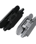 Heavy Duty Concealed Adjustable Invisible Door Hinge With Solid Cross Shaped Wooden Handle Built Tough For A No Sweat Hidden Room Makeover And Smooth Daily Swing In Deep Black Coating, showcasing black and silver hinges.