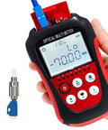 Pro Tier Portable Fiber Optic Power Meter And Visual Fault Locator Plug And Play Cable Testing Kit With Universal Adapters, handheld device displaying optical readings.