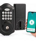 Hassle Free Keyless Entry Door Lock With Glowing Backlit Keypad And Smart Bluetooth App Control In Classy Matte Black Finish, showing keypad and app.