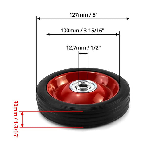 Top Shelf 5 By 1 Point 5 Inch Rubber Caster Wheels Two Pack with ball bearing for smooth rolling, detailed dimensions included.