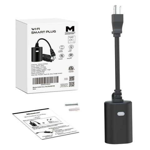 Outdoor Weatherproof Smart Plug 2 Pack Featuring Rock Solid 2.4ghz Wifi And Frictionless Alexa Google Assistant Voice Sync For A No Sweat Patio Automation Setup with packaging and instructions.