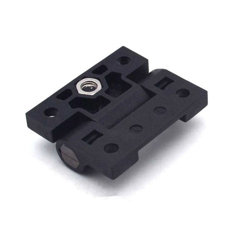 Close-up view of two pack black nylon adjustable torque hinge position control hinges for cabinets, furniture, woodworking, electronics.
