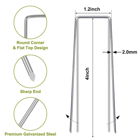 Diagram showing the size and details of 75 Pack 4 Inch Galvanized Landscape Staples U Shaped Garden Stakes Heavy Duty Rust Proof Anticorrosive Ground Staples