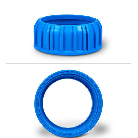 10 Inch Whole House Water Filter System With Hella Durable Thick Walled Transparent Housing And Classy Three Quarter Inch Brass Fittings Paired With Four Sick 5 Micron Pleated Sediment Cartridges blue plastic fitting top and side view