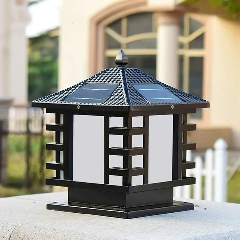 Vintage Solar Post Light For Outdoors Knockout Durability Rock Solid Weatherproof Led Garden Column Lantern in classic black with decorative roof.