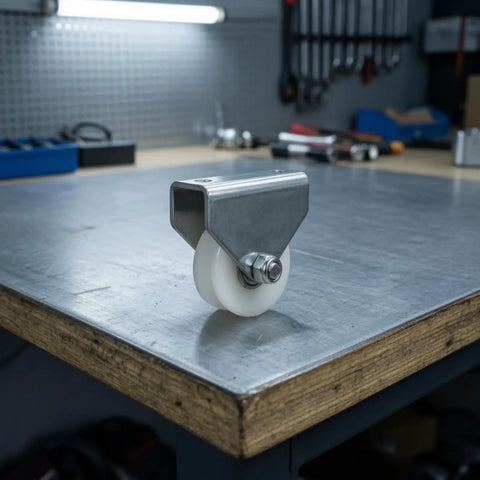 Built Tough Double Hole Mount Bracket Pulley With Durable Nylon Wheel and Low Friction Bearing Axle For Slick U Slot Track on workbench.