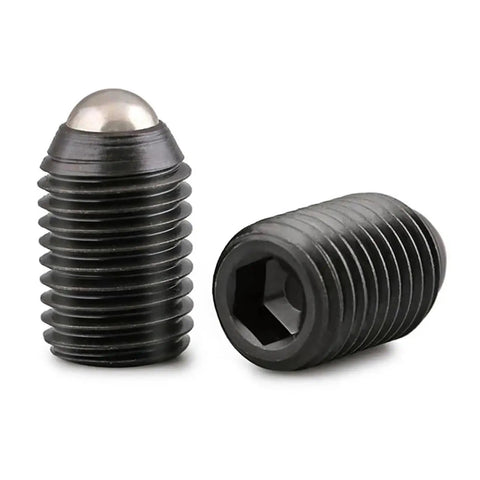 Heavy Duty Spring Ball Plungers And Hex Socket Set Screws, Grade 12.9 Alloy Steel Grub Fasteners close-up of two screws.