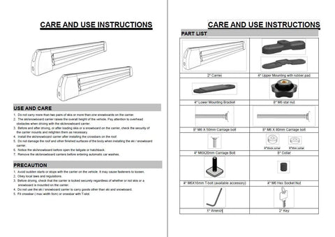 Care and use instructions for Premium Heavy Duty All Season Vehicle Roof Rack System for skis and snowboards.