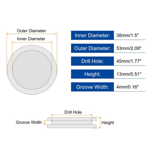 Diagram of Three Pack Rubber Grommets for 45mm Drill Hole Fit 38mm Inner 53mm Outer 13mm Height 4mm Groove Black