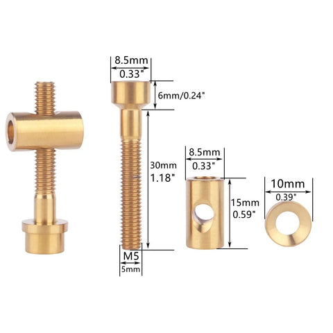 Hella Durable Grade Five Titanium M5x30mm Bolts With Smooth Flat Washers And Secure Hex Nuts Offering Badass Strength And Lightweight Performance For Cycling Seatposts In Shiny Gold with size and dimensions shown.