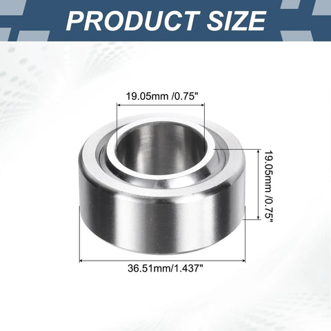 Heavy Duty COM12T Spherical Plain Bearings Pair 3/4 X 1 7/16 X 3/4 Chrome Steel Bushings showing dimensions 19.05mm and 36.51mm.