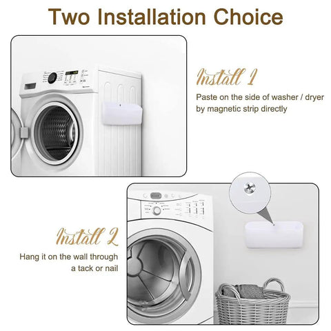 Must Have Magnetic Laundry Storage Lint Holder Bin on washer and wall, space-saving 9.3L trash container, two installation options shown