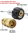 Close-up of pressure washer adapter set, two brass and black pieces with M22-14mm swivel to 3/8-inch quick-connect fittings