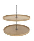Premium Wood Lazy Susan Double Tier Turntable with smooth maple shelves and chrome hub for corner base cabinets.