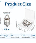 8 Piece Pack Of E10 Miniature Screw Base Light Bulbs, 21mm tall, packed in a clear box for quick repairs, warm yellow glow.